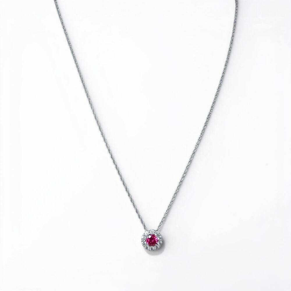 Sterling Silver 925 Ruby CZ Halo Pendant Necklace 18" July Birthstone
